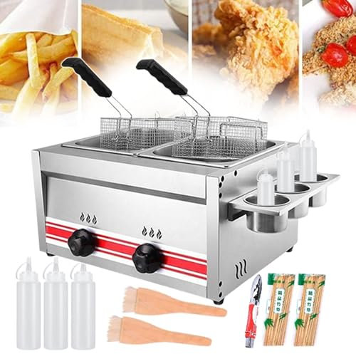 Friggitrice professionale a gas con griglia per condimenti e bottiglie di salsa, friggitrice tradizionale per pollo fritto, gamberetti, pesce, manopola di controllo indipendente, adatta per uso
