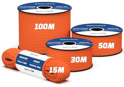Brotree 550 Paracord 4mm 15m 100% Polyesterrep 7 Trådar Fallskärmslina Typ III Snöre Sladd för Utomhus, Camping, Hundkoppel, Överlevnad, Hantverk - 250kg Brottlast (Orange)