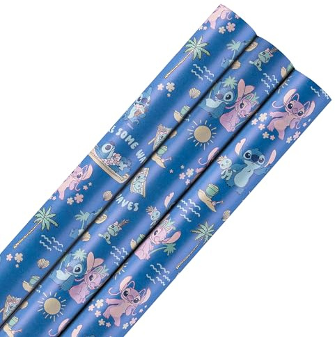 Hallmark Carta da regalo, per ogni occasione, confezione da 3, 2 m ciascuna, Disney, Lilo e Stitch, Stitch & Angel, compleanno, Natale, blu