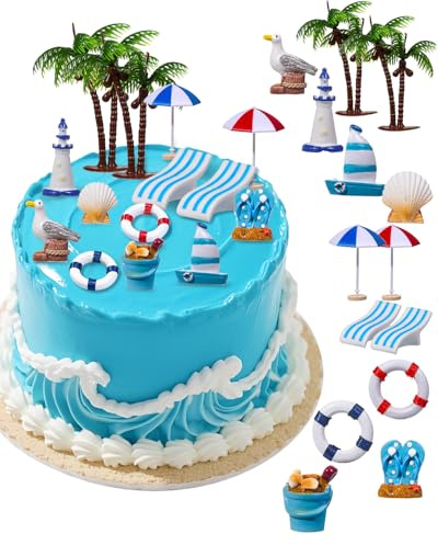 Glavatrix 15 PCS Beach Cake Decorations, Tropical Summer Cake Toppers with Palm Trees, Chairs, Umbrella, Sailboat, Hawaiian Ocean Theme Cupcake Decor Supplies for Birthday, Baby Shower, Pool Party