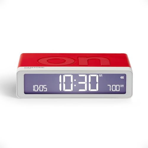Lexon Flip Classic x Pantone – Digitaler Design Wecker ON/Off – Wiederaufladbarer Reisewecker – Leiser Alarm – Kompakte Tischuhr LED für Schlafzimmer, Büro oder Kinderzimmer - Rot glänzend