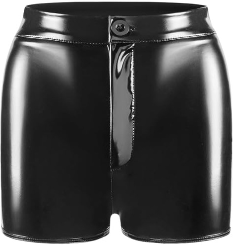 AIEOE Pantaloncini da donna in finta pelle lucida pantaloni casual da festa pantaloncini push up Hotpants, Nero , XL
