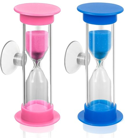 Hourglass Timer with Suction Cup, Toothbrush Timer Mini Plastic Sandglass Sand Clock Timers Toothbrush, Games, Classes, Cooking (Pack of 2)