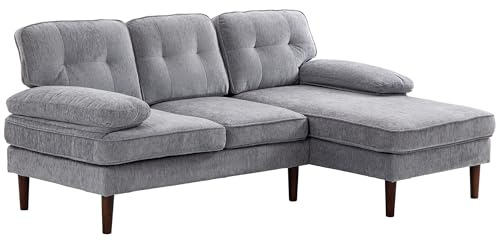 HOMCOM Sofá Esquinero de 3 Plazas Tapizado en Chenilla, Sofá Chaise Longue en Forma de L con Patas de Madera y Reposabrazos, Estilo Moderno, para Salón, 215x142x88 cm, Gris