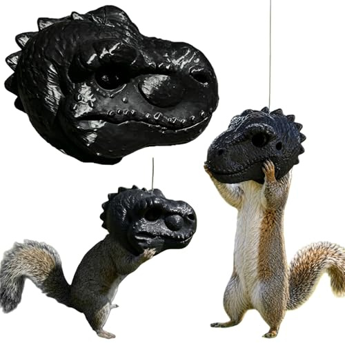 Distributore di Cibo per Scoiattoli a Testa di Dinosauro con Corda di Sospensione, Divertente Decorazione da Giardino Esterno con Testa di Animale, T-Rex per Noci, Mais e Semi