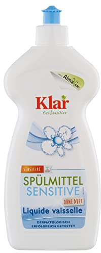 Klar Spülmittel Sensitive 500 ml I Umweltfreundliches Spülmittel-Konzentrat ohne Duft I Für ein strahlend sauberes Geschirr I Frei von synthetischen Duft- & Farbstoffen I Vegan