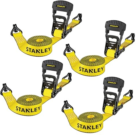 STANLEY S10074 Black/Yellow 1.5 x 16' Ratchet Tie Down Straps - Heavy Cargo Securing (3,300 lbs Break Strength), 4 Pack