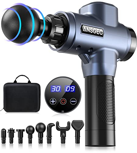 Massage Gun Deep Tissue, ANSGEC 30 Speeds Powerful Percussion Portable Fascia Gun Muscle Gun with 8 Heads LCD Display, Handheld Body Massager for Muscle Relief