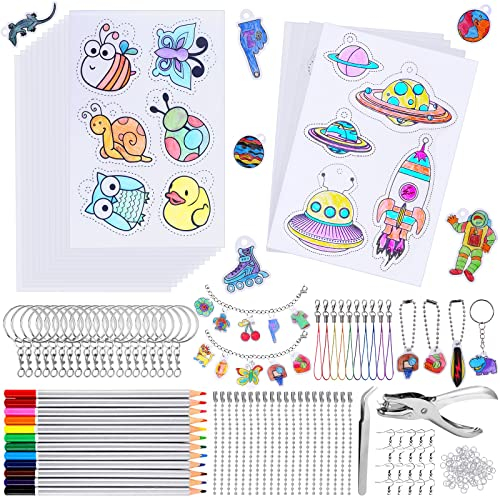 CGBOOM 201 Stück Schrumpffolie Set, Inklusiv A5 Schrumpfpapier, Schlüsselanhänger, Bleistifte, Kugelketten, Locher, Pinzette, Schrumpffolien Set für Kinder