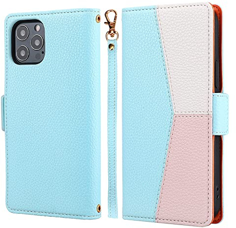 ZCDAYE Phone Case for iPhone 13 Pro Wallet Case with Card Slots Wrist Strap, Folio Flip Leather Cover for iPhone 13 Pro - Splicing Blue