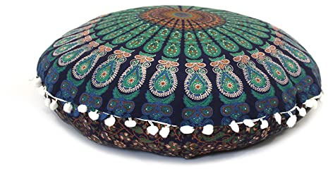 Round Mandala Floor Pillow Cover Seating Cushion Throw Cover Hippie Decorative Bohemian Ottoman Pouf Cover, Pom Pom Pillow Cases,Boho Indian 22 Inches (Blue)