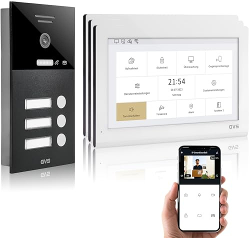 GVS IP Video Türsprechanlage 3 Familienhaus mit Türöffner 3X 10 Monitor | Smarte Video Türklingel mit Kamera und Monitor & App - Gegensprechanlage mit Türöffner (AVS5415U)