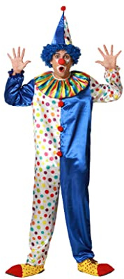 Atosa Disfraz Payaso Circo Azul Multicolor Para Hombre Mujer Unisex Mono Completo Con Gorro Cuello Arcoiris Topitos De Colores Azul Para Fiesta De Carnaval Y Halloween