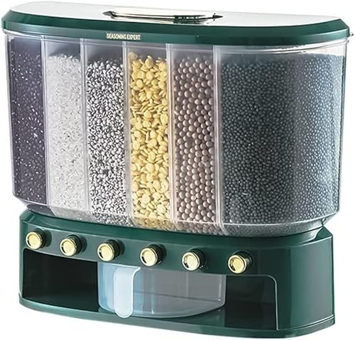 Cereal Storage Containers Dispenser,Candy Dispenser Machine Rice Dispenser 6 Grid 6-Grid Kitchen Food Dispenser With Button Wall Mount Bucket For (Color : White, Size : 42 * 16 * 36cm) (Color : Green