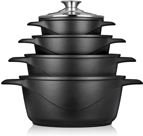 briebe Batterie de Cuisine Induction 8 Pièces, Ensemble de 4 Casseroles en Fonte d'Aluminium, Antiadhésive ILAG GRANITEC sans PFOA, Couvercles en Verre, Gants en Silicone, Tout Feux et Four, MGK-12