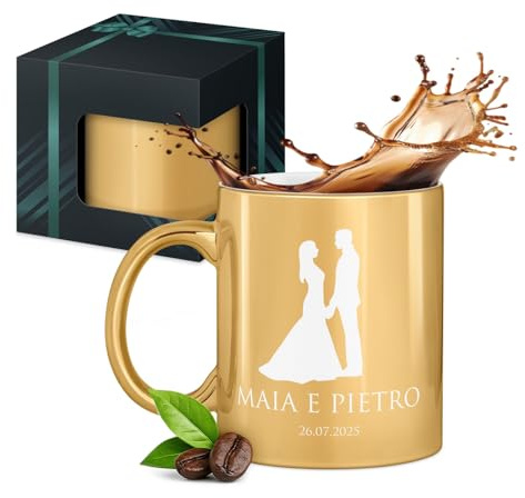 Maverton Tazza da caffelatte o tè in ceramica, Incisione personalizzata | Bicchiere da colazione per latte macchiato da 330 ml, Tazze per anniversario per una coppia, Oro, sposi