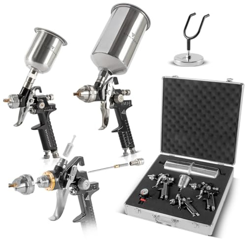 STAHLWERK HVLP Lackierpistolen 3er Set SGS-1125 ST – 21-teilig | Druckluft-Lackierpistolen mit Düsensatz 0,8/1,4/1,7 mm, inklusive Lackierpistolen-Halter