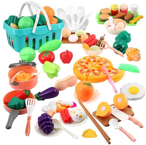 86 Pieces Pretend Play Food Sets for Children Kitchen, Cutting Play Fruit Vegetables Sets for Toddler with Basket, BPA Free Kids Plastic Play Food Toys Role Play Toys for Boys Girls