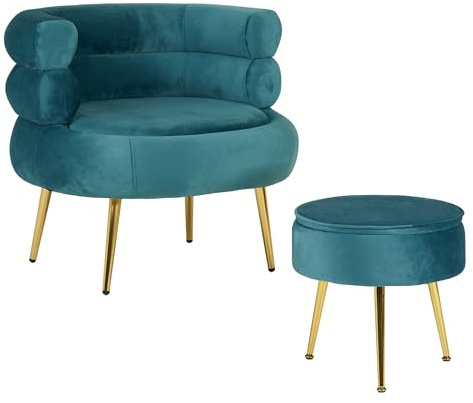 IlGruppone Poltrona Camera da Letto e Salotto in Velluto con Poggiapiedi Contenitore - Poltroncina Relax Moderna con Gambe in Metallo Placcato Oro - Design Moderno - Petrolio