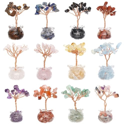 GLOBLELAND Juego de 12 piezas de árbol de cristal árbol de la vida con piedras preciosas cristales y piedras para oficina escritorio hogar decoración de estanterías para felicidad positiva regalos de