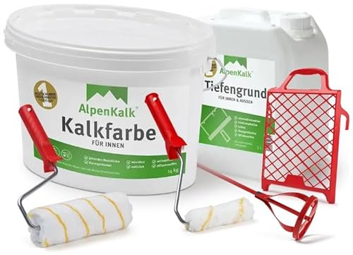 AlpenKalk Starter-Set I Kalkfarbe Innen 14 kg + Tiefengrund 5 l für ca. 65 m² I Inkl. 18 cm & 10 cm Spezialrollen, 21x25 cm Abstreifgitter & Quirl I Hochdeckend, atmungsaktiv & wischfest