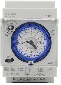 Timer analogico 110-230 V AC SUL181d, 24 ore, 3 segmenti, guida DIN, con interruttore meccanico di alimentazione