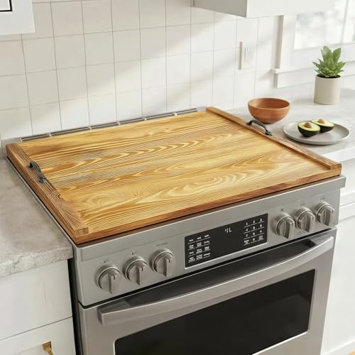 Noodle Board Stove Cover with Handles, Wood Stove Top Covers for Electric Stove & Gas Burners, 30 x 22 Stovetop Cover, Rustic Kitchen Decor, for Countertop/Sink Cover/RV (Bamboo Wood)