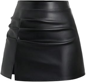 GORGLITTER Women's PU Leather Slit A Line Mini Skirts High Waisted Ruched Bodycon Y2k Rave Pencil Skirt Black M