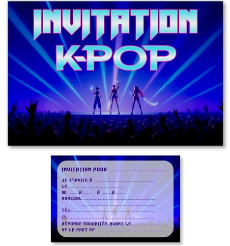 DREANA Cartes d'Invitation Thème K-pop, Lot de 20, Format 16 x 11 cm, en Français, pour Anniversaire et Fête fille et garçon. Idéal enfant de 5 à 11 ans !!!