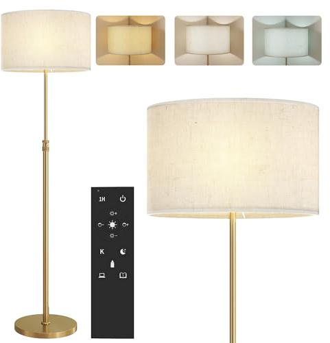 HOMCOM Lampadaire salon avec télécommande, lampe sur pied, hauteur réglable 133-168 cm, 3000K-6000K dimmable température couleur réglable, abat-jour en lin, minuterie 1H, interrupteur à pied, doré