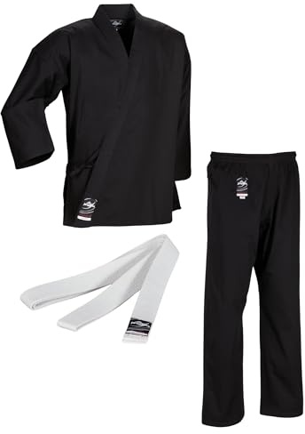 Ju-Sports Karate Anzug to start Schwarz 130 I Klassischer Karateanzug für Kinder & Erwachsene I Karate Kimono inkl. weißem Gürtel I Hose mit Kickzwickel I 100% Baumwolle