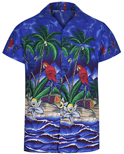 REDSTAR Mens Hawaiian Shirt Short Sleeve Parrot STAG Beach Holiday Bird Fancy Dress Hawaii (Small, Blue)