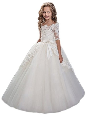 Beyonddress Mädchen Blumenmädchen Kleider Hochzeit Bodenlanges Kinderkleid Kommunionkleid Ballkleid Spitze Partyskleid(Weiß,11-12 Jahre)