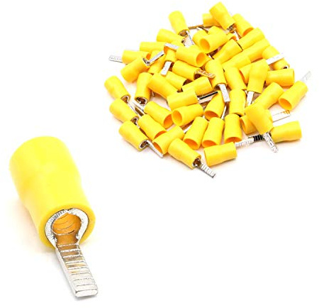 100x Flachstiftstecker männlich in gelb 4,0-6,0mm² Steckbreite 2,8 x 10 mm teilisoliert PVC Steckverbinder Kabelsteckschuhe Kabelschuhe Verbinder aus Messing verzinnt