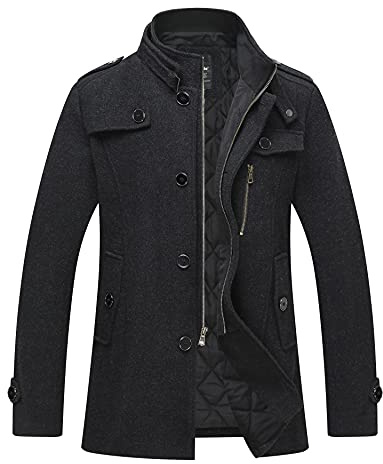 wantdo Men's Cashmere Peacoat Business Casual Wool Jacket Overcoat Thick Black L