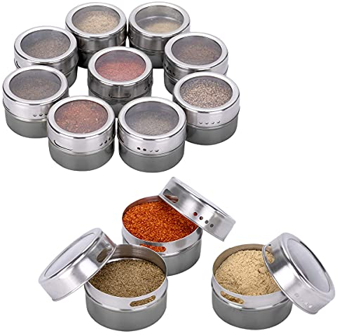 Kingmate 12 Stück (Grau) Gewürzdosen Magnetisch Edelstahl Gewürze Spice Jars, 96 Gewürzetiketten & 24 Blankoetiketten, Gewürzregal Gewürzdosen Set Glas Magnetisch Gewürz Spice Box