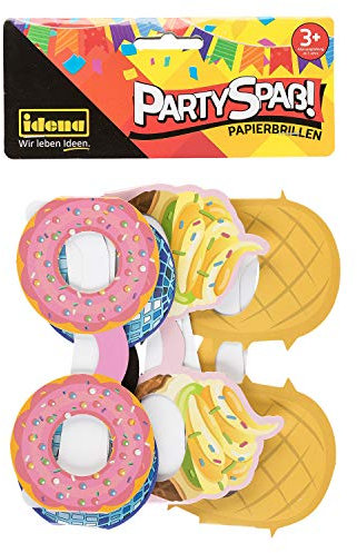 Idena-Juego de 4 Gafas de Papel para Fiestas, Divertidos Motivos de rosquilla, piña, Bola de Discoteca y gofres 13 cm de Ancho, asa de cartón Aprox. 12,5 cm, Multicolor, Standart Berlin 40444