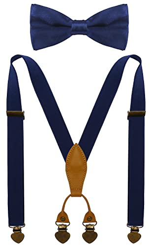 WDSKY Boys' Suspenders and Bow Tie Set Adjustable with 4 Heart Clips 30 Navy Blue