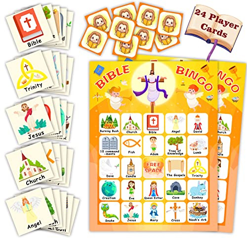 Bingo biblico per bambini e adulti, attività della chiesa della domenica cristiana, set di 24 carte per famiglia, giorno aperto, decorazioni scolastiche vacanze, regali di Pasqua, bomboniere per feste