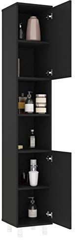 Gecheer Badezimmerschrank mit 6 Fächer und 2 Türen Hochschrank Badschrank Badregal Badmöbel Schrank Badezimmer Regal Holzwerkstoff Schwarz 30x30x179 cm