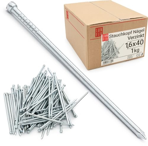LUN FIX Drahtstifte 1,6x40 mm (1.6) Stauchkopfnägel 1kg ca. 1520 Stk | Stahl verzinkt, silber, Stahlnägel Stahlstifte kleine Nägel für Holz, Sockelleisten Nägel, Möbelbau, Bilderrahmen