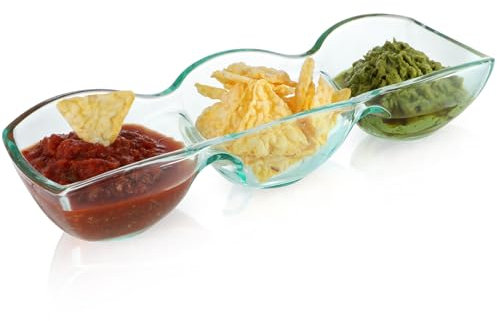 MDLUU Glass Triple Dip Bowl, Divided Appetizer Serving Dish, 3-Compartment Snack Server for Entertaining, Party, Buffet, Event