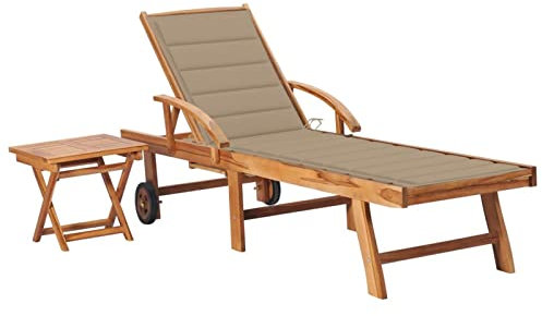 Homgoday Sonnenliegen mit Tisch und Auflage Gartenliege Liegestuhl Balkonliege Strandliege Relaxliege Relaxsessel Terrassenliege für Balkon Garten Terrasse Massivholz Teak