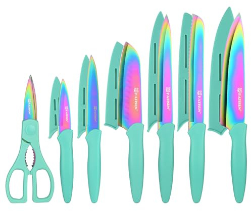 KATISUN Kitchen Knife Set with Guards, 13 Piece Rainbow Titanium Coated Stainless Steel Boxed Knives Set, Anti-Rust and Dishwasher Safe, 6 Knives with 6 Blade Covers and Kitchen Shears