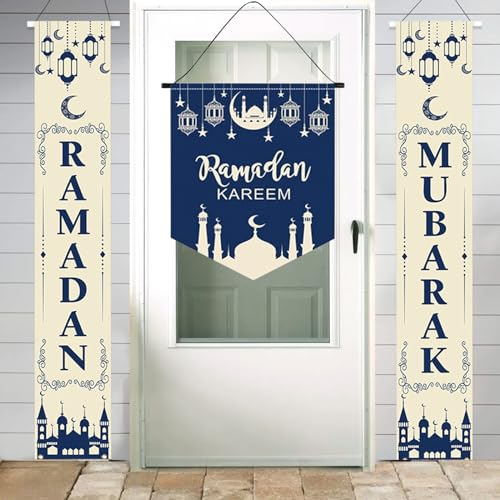 Capgoost Ramadan Mubarak Banner, 3 Ramadan Dekoration Banner, Eid Mubarak Banner Hängeschild, Ramadan Kareem Deko, Islamische Veranda Banner, für Zuhause Outdoor Muslim Islamisch Eid Party Garten Deko