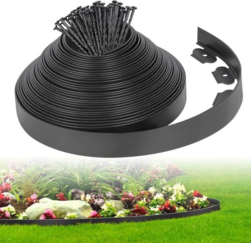 15 m Landschaftseinfassung, Bordüre mit 60 Spikes, kein Graben, Garteneinfassung, 4,6 cm hoch, Rasenkante, Kunststoffeinfassung, flexibel für Garten, Blumenbeete, Rasen, Hof, Weg (schwarz)