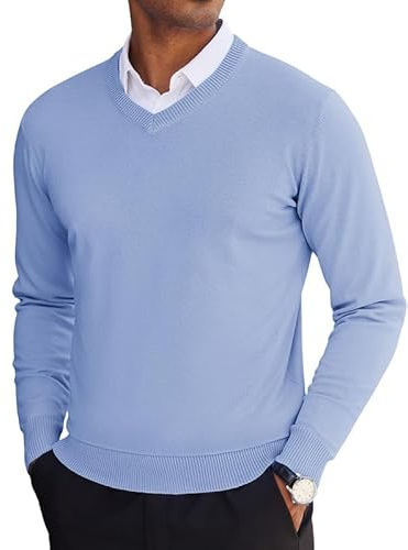 COOFANDY Men's V Neck Pullover Sweater Long Sleeve Casual Dress Sweater Slim Fit Knit Lightweight Thin Sweaters Light Sky Blue XL