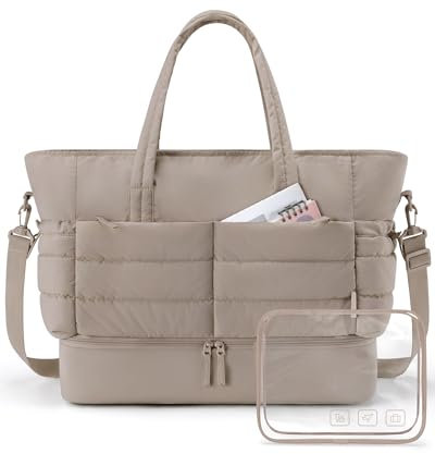 BAGSMART Puffer Reisetasche Groß 38l Sporttasche Damen Mit Schuhfach, Weekender Damen kliniktasche geburt Wasserabweisend HandgepäCk Tasche, 47*21*39cm Weiches Dickes StrapazierfäHiges Taslon, Kamel