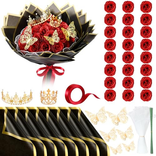 Thiccywoov 24 st glitterrosor bukett mamma konstgjord ros blommor bukett mamma gör-det-själv falsk med blomomslagspapper 3D fjärilar kronor för årsdag födelsedag (röd)