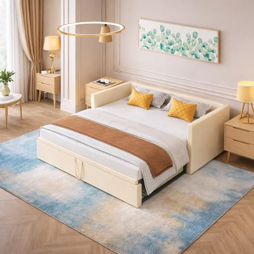 POYHKFD 2-i-1 bäddsoffa, bäddsoffa för sovrum, bäddsoffa dra barn, 2-sits konvertibla soffor, soffa, 2-sits säng (beige)